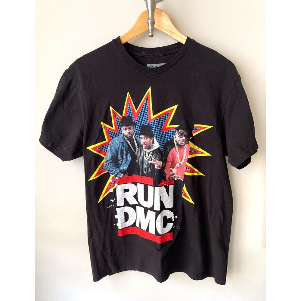 RUN DMC POW T-Shirt Men's L Black Crew Neck Retro Logo Spellout Hip Hop Rap